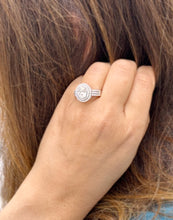 Load image into Gallery viewer, Oval Cut Moissanite and Round Cut Natural Side Diamond Engagement Ring Double Halo Set In 14k Solid White Gold Triple Shank Style 2.40ctw