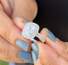 Load image into Gallery viewer, Cushion Cut And Round Cut Diamond Engagement Ring And Matching Band IGI Certified 14k Solid White Gold Double Halo Bridal Set 2.70ct F-VS2