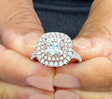 Load image into Gallery viewer, Cushion And Round Cut Diamond Engagement Ring Double Halo IGI Certified Double Halo Women's 14k Solid White And Rose Gold 3.00ct G-VS2