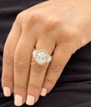 Load image into Gallery viewer, Oval Cut and Round and Half Moon Cut Sides Diamond Engagement Ring IGI Certified Set In 14k Solid Yellow Gold Halo Style Bridal Ring 6.70ctw