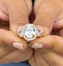 Load image into Gallery viewer, Oval Cut and Round and Half Moon Cut Sides Diamond Engagement Ring IGI Certified Set In 14k Solid Yellow Gold Halo Style Bridal Ring 6.70ctw