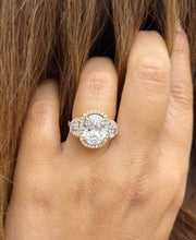Load image into Gallery viewer, Oval Cut and Round and Half Moon Cut Sides Diamond Engagement Ring IGI Certified Set In 14k Solid Yellow Gold Halo Style Bridal Ring 6.70ctw