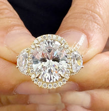 Load image into Gallery viewer, Oval Cut and Round and Half Moon Cut Sides Diamond Engagement Ring IGI Certified Set In 14k Solid Yellow Gold Halo Style Bridal Ring 6.70ctw