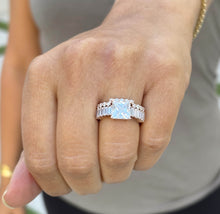 Load image into Gallery viewer, Princess Cut And Emerald Baguettes and Round Cut IGI Certified Engagement Ring And Bands 14k Solid Rose Gold Wedding Bridal Set 4.25ctw