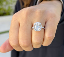 Load image into Gallery viewer, Cushion Cut Moissanite and Round Cut Sides Engagement Ring In Halo Style 14K Solid White Gold Wedding Ring Split Shank Bridal Ring 5.60ctw