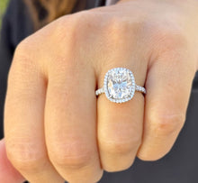 Load image into Gallery viewer, Cushion Cut Moissanite and Round Cut Sides Engagement Ring In Halo Style 14K Solid White Gold Wedding Ring Split Shank Bridal Ring 5.60ctw