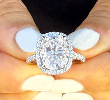 Load image into Gallery viewer, Cushion Cut Moissanite and Round Cut Sides Engagement Ring In Halo Style 14K Solid White Gold Wedding Ring Split Shank Bridal Ring 5.60ctw