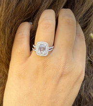 Load image into Gallery viewer, Emerald Cut Moissanite And Natural Round Side Diamonds Engagement Ring And Matching Band 14k Solid White Gold Double Halo Wedding Set 2.75ct