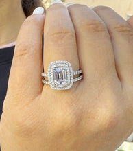 Load image into Gallery viewer, Emerald Cut Moissanite And Natural Round Side Diamonds Engagement Ring And Matching Band 14k Solid White Gold Double Halo Wedding Set 2.75ct