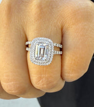 Load image into Gallery viewer, Emerald Cut Moissanite And Natural Round Side Diamonds Engagement Ring And Matching Band 14k Solid White Gold Double Halo Wedding Set 2.75ct