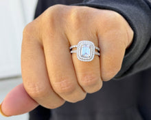 Load image into Gallery viewer, Emerald Cut Moissanite And Natural Round Side Diamonds Engagement Ring And Matching Band 14k Solid White Gold Double Halo Wedding Set 2.75ct