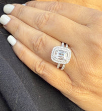 Load image into Gallery viewer, Emerald Cut Moissanite And Natural Round Side Diamonds Engagement Ring And Matching Band 14k Solid White Gold Double Halo Wedding Set 2.75ct