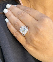 Load image into Gallery viewer, Emerald Cut Moissanite And Natural Round Side Diamonds Engagement Ring And Matching Band 14k Solid White Gold Double Halo Wedding Set 2.75ct