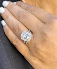 Load image into Gallery viewer, Emerald Cut Moissanite And Natural Round Side Diamonds Engagement Ring And Matching Band 14k Solid White Gold Double Halo Wedding Set 2.75ct