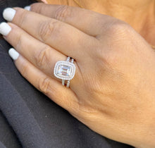 Load image into Gallery viewer, Emerald Cut Moissanite And Natural Round Side Diamonds Engagement Ring And Matching Band 14k Solid White Gold Double Halo Wedding Set 2.75ct