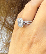 Load image into Gallery viewer, Emerald Cut Moissanite And Natural Round Side Diamonds Engagement Ring And Matching Band 14k Solid White Gold Double Halo Wedding Set 2.75ct