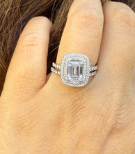 Load image into Gallery viewer, Emerald Cut Moissanite And Natural Round Side Diamonds Engagement Ring And Matching Band 14k Solid White Gold Double Halo Wedding Set 2.75ct