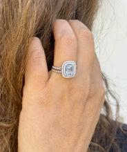 Load image into Gallery viewer, Emerald Cut Moissanite And Natural Round Side Diamonds Engagement Ring And Matching Band 14k Solid White Gold Double Halo Wedding Set 2.75ct