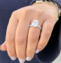 Load image into Gallery viewer, Cushion Cut Moissanite And Round Cut Natural Diamonds Sides In 14K Solid White Gold Engagement Ring And Matching Band Four Prong set 5.20ctw
