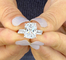 Load image into Gallery viewer, Cushion Cut Moissanite And Round Cut Natural Diamonds Sides In 14K Solid White Gold Engagement Ring And Matching Band Four Prong set 5.20ctw