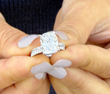 Load image into Gallery viewer, Cushion Cut Moissanite And Round Cut Natural Diamonds Sides In 14K Solid White Gold Engagement Ring And Matching Band Four Prong set 5.20ctw