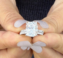 Load image into Gallery viewer, Cushion Cut Moissanite And Round Cut Natural Diamonds Sides In 14K Solid White Gold Engagement Ring And Matching Band Four Prong set 5.20ctw