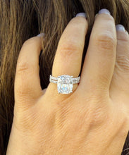 Load image into Gallery viewer, Cushion Cut Moissanite And Round Cut Natural Diamonds Sides In 14K Solid White Gold Engagement Ring And Matching Band Four Prong set 5.20ctw