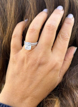 Load image into Gallery viewer, Cushion Cut Moissanite And Round Cut Natural Diamonds Sides In 14K Solid White Gold Engagement Ring And Matching Band Four Prong set 5.20ctw