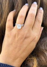 Load image into Gallery viewer, Cushion Cut Moissanite And Round Cut Natural Diamonds Sides In 14K Solid White Gold Engagement Ring And Matching Band Four Prong set 5.20ctw