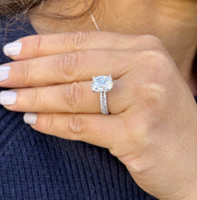 Load image into Gallery viewer, Cushion Cut Moissanite And Round Cut Natural Diamonds Sides In 14K Solid White Gold Engagement Ring And Matching Band Four Prong set 5.20ctw