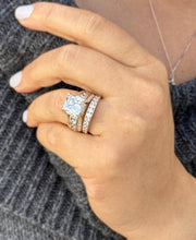 Load image into Gallery viewer, Cushion And Round Cut Sides Diamond Engagement Ring And Band Set In IGI Certified 14K Solid Yellow Gold Hiden Halo Wedding Bridal Ring 7.50