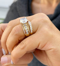 Load image into Gallery viewer, Cushion And Round Cut Sides Diamond Engagement Ring And Band Set In IGI Certified 14K Solid Yellow Gold Hiden Halo Wedding Bridal Ring 7.50