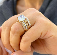 Load image into Gallery viewer, Cushion And Round Cut Sides Diamond Engagement Ring And Band Set In IGI Certified 14K Solid Yellow Gold Hiden Halo Wedding Bridal Ring 7.50