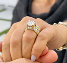 Load image into Gallery viewer, Cushion And Round Cut Sides Diamond Engagement Ring And Band Set In IGI Certified 14K Solid Yellow Gold Hiden Halo Wedding Bridal Ring 7.50