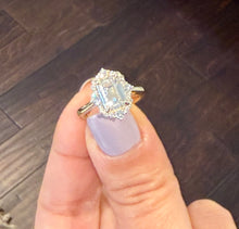 Load image into Gallery viewer, Emerald Cut Moissanite Center And Round Cut Sides Engagement Ring Halo Style Bridal Ring In 14k Solid Yellow Gold Wedding Ring For Her 2.90