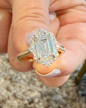 Load image into Gallery viewer, Emerald Cut Moissanite Center And Round Cut Sides Engagement Ring Halo Style Bridal Ring In 14k Solid Yellow Gold Wedding Ring For Her 2.90