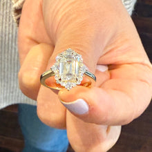 Load image into Gallery viewer, Emerald Cut Moissanite Center And Round Cut Sides Engagement Ring Halo Style Bridal Ring In 14k Solid Yellow Gold Wedding Ring For Her 2.90