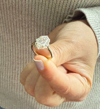 Load image into Gallery viewer, Emerald Cut Moissanite Center And Round Cut Sides Engagement Ring Halo Style Bridal Ring In 14k Solid Yellow Gold Wedding Ring For Her 2.90