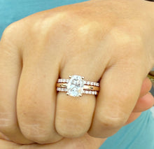 Load image into Gallery viewer, Cushion Cut Moissanite And Round Cut Sides Engagement Ring And Two Matching Bands 14K Solid Rose Gold Half Eternity Minimalist Ring 3.40ctw