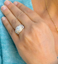 Load image into Gallery viewer, Round Cut Moissanite Engagement Ring And Band Three Stone Style Bezel Set Design 14k Solid Yellow Gold Halo Style Wedding Bridal Set 2.50ctw