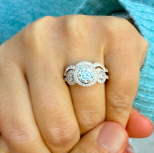 Load image into Gallery viewer, Round Cut Moissanite Engagement Ring And Band Three Stone Style Bezel Set Design 14k Solid Yellow Gold Halo Style Wedding Bridal Set 2.50ctw