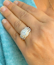 Load image into Gallery viewer, Round Cut Moissanite Engagement Ring And Band Three Stone Style Bezel Set Design 14k Solid Yellow Gold Halo Style Wedding Bridal Set 2.50ctw