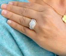 Load image into Gallery viewer, Round Cut Moissanite Engagement Ring And Band Three Stone Style Bezel Set Design 14k Solid Yellow Gold Halo Style Wedding Bridal Set 2.50ctw