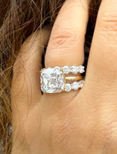 Load image into Gallery viewer, Cushion Cut Moissanite And Round Cut Sides Engagement Ring And Matching Band Set In 14k Solid Yellow And White Gold Wedding Bridal Set 6.00ctw