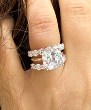 Load image into Gallery viewer, Cushion Cut Moissanite And Round Cut Sides Engagement Ring And Matching Band Set In 14k Solid Yellow And White Gold Wedding Bridal Set 6.00ctw