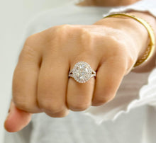 Load image into Gallery viewer, Oval Cut Moissanite and Round Cut Sides Engagement Ring Double Halo Split Shank Style Set In 14k Solid Rose Gold Bridal Wedding Ring 2.80ct