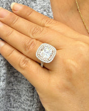 Load image into Gallery viewer, Cushion Cut Moissanite And Round Cut Sides Engagement Ring Halo Style Split Shank Wedding Ring Set In 14k White And Rose Gold Bridal 6.00ctw