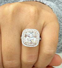 Load image into Gallery viewer, Cushion Cut Moissanite And Round Cut Sides Engagement Ring Halo Style Split Shank Wedding Ring Set In 14k White And Rose Gold Bridal 6.00ctw