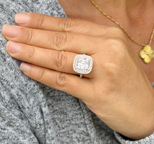 Load image into Gallery viewer, Cushion Cut Moissanite And Round Cut Sides Engagement Ring Halo Style Split Shank Wedding Ring Set In 14k White And Rose Gold Bridal 6.00ctw