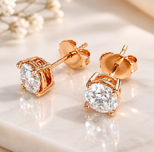 Load image into Gallery viewer, Round Shape Moissanite Stud Earrings Prong set Style 14k Solid Rose Solid Gold 2.00ctw, 1.0ct each Earrings Gift For Her Jewelry